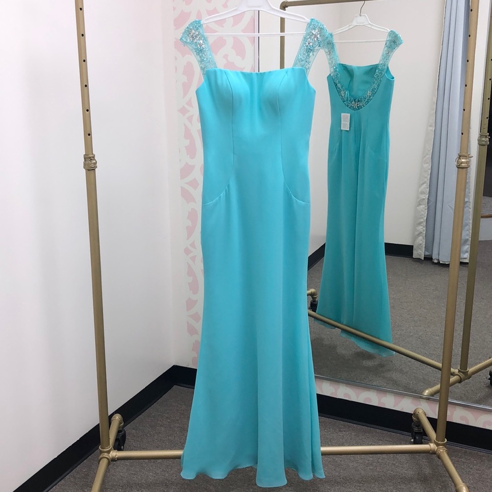 Aqua Beaded Chiffon Gown. Mary’s Bridal #FY8303